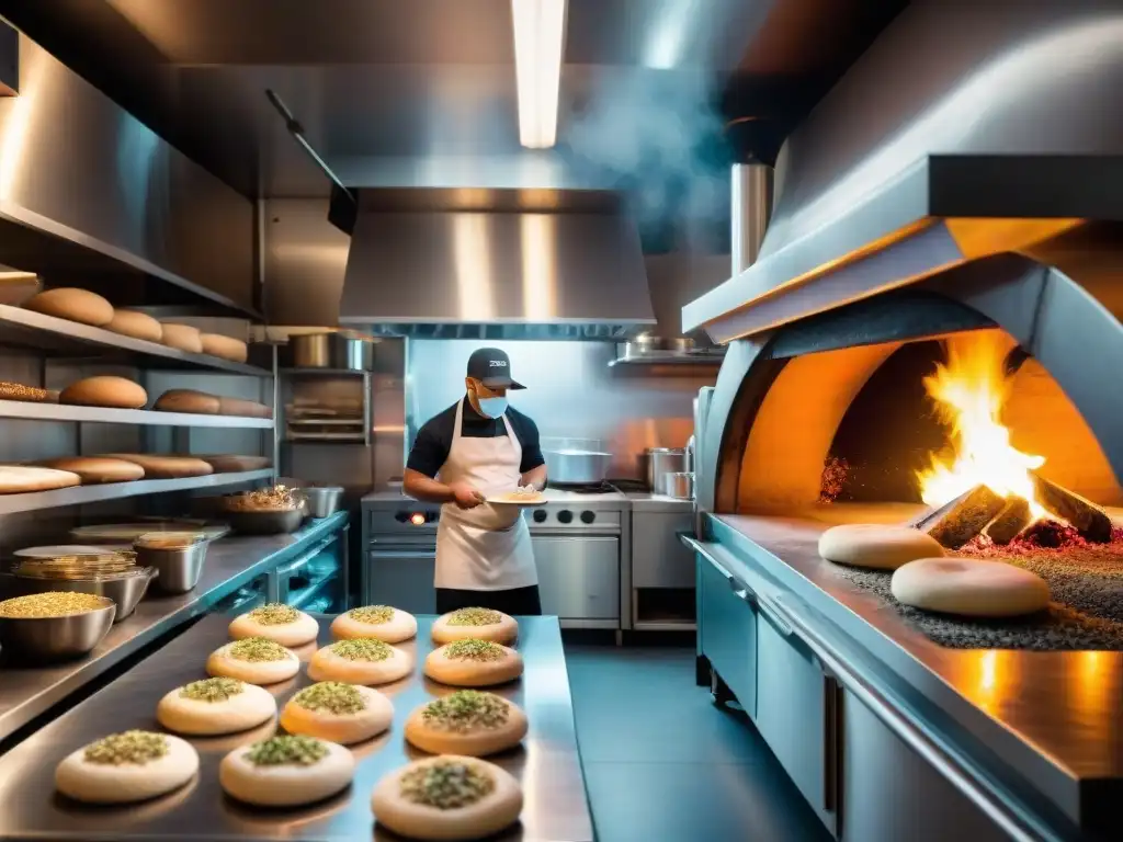 Pizzería en pandemia: chefs enmascarados adaptándose, lanzando masa al aire frente a horno de leña y estantes de ingredientes frescos