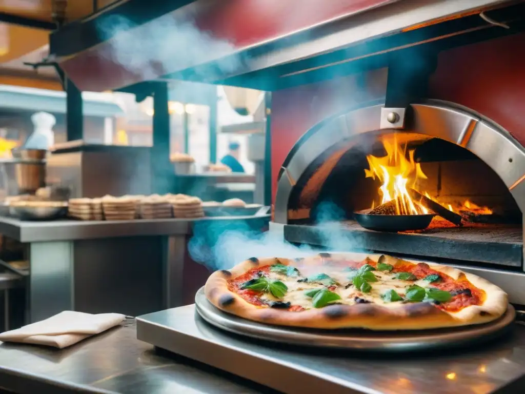 En una pizzería tradicional en Nápoles, chefs lanzan masa al aire frente a hornos de leña en llamas, clientes disfrutan auténticas pizzas napolitanas