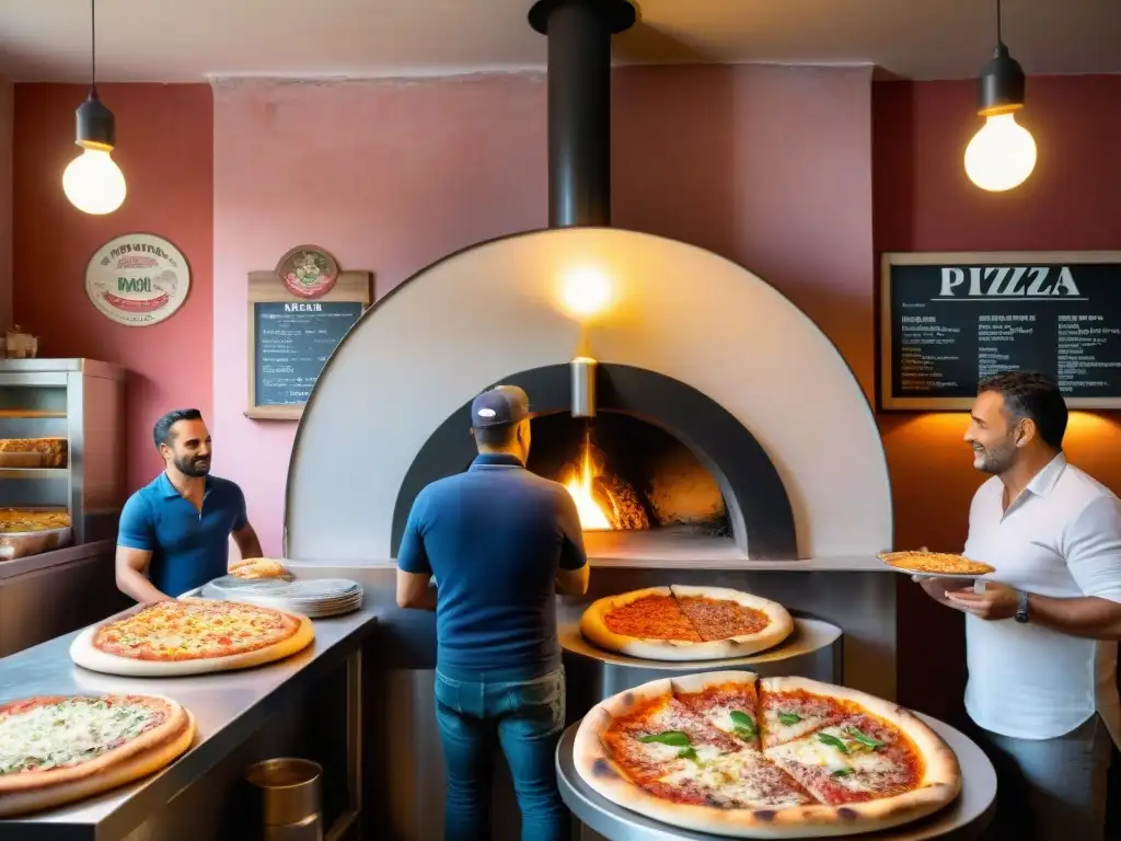 Una pizzería tradicional en Nápoles con horno de leña, pizzas recién horneadas y ambiente acogedor