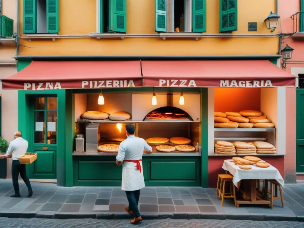 Una pizzería tradicional en Nápoles, Italia, donde un pizzaiolo experto hace malabares con la masa