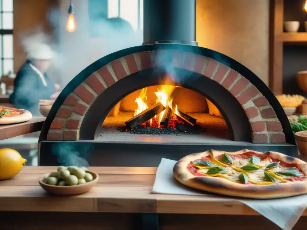 Un pizzero experto en una pizzería italiana con ingredientes exóticos, clientes esperando ansiosos