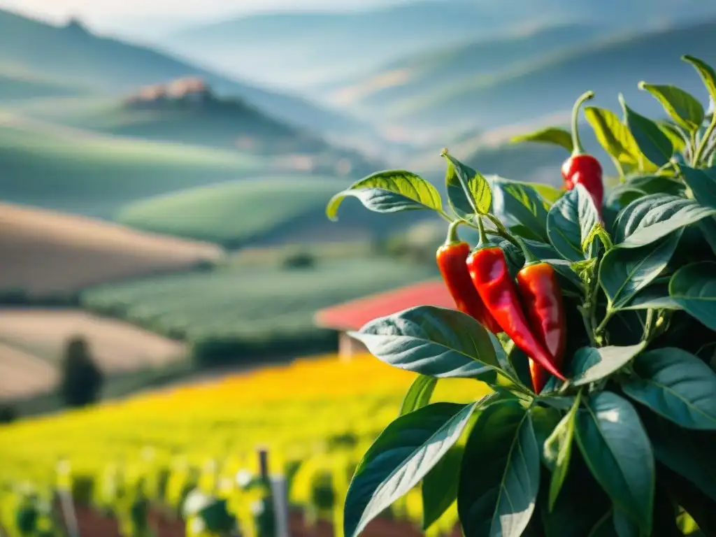 Planta de peperoncino rojo vibrante bajo el sol italiano, mostrando detalle y belleza