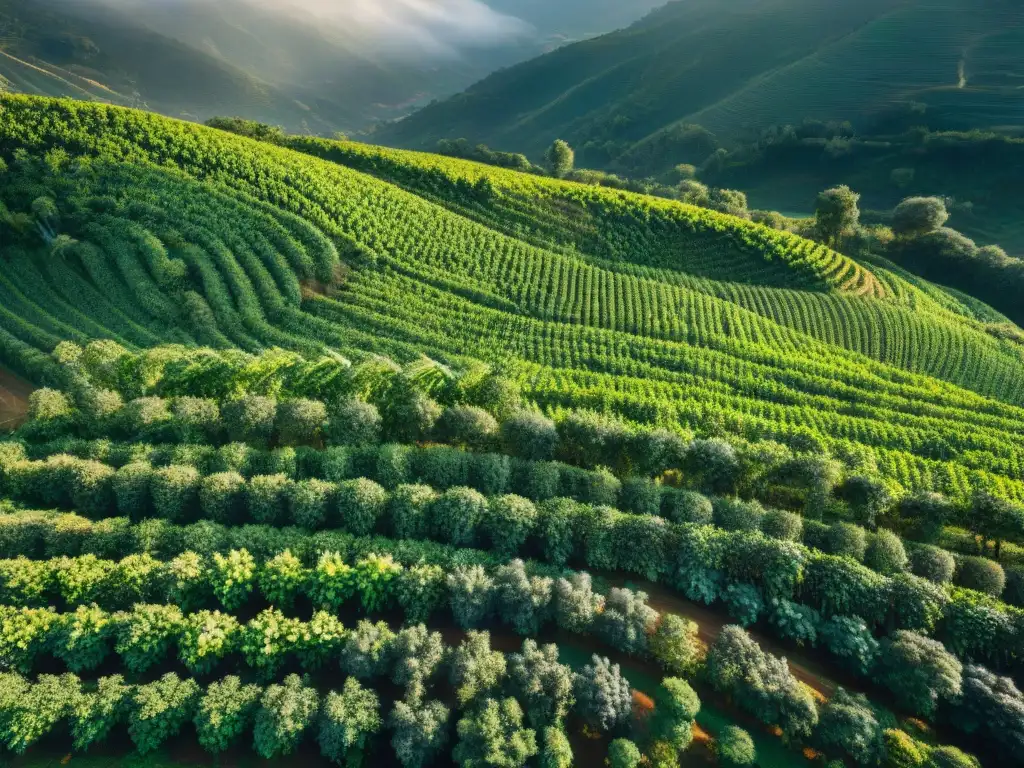 Plantaciones de café sostenible en Italia: mosaico de colores en las colinas al atardecer