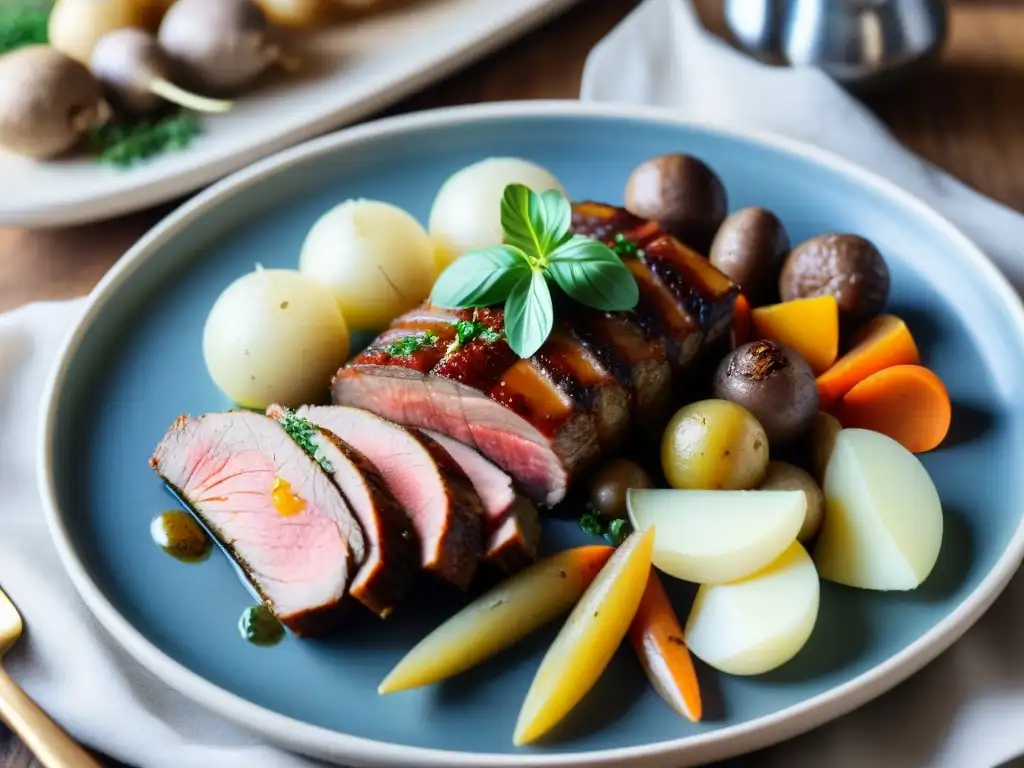 Un plato de Bollito Misto receta tradicional italiana con carnes y verduras coloridas, bañadas en su rico caldo