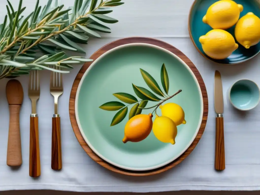 Plato de cerámica italiana con diseño de ramas de olivo y limones en mesa rústica, iluminado suavemente