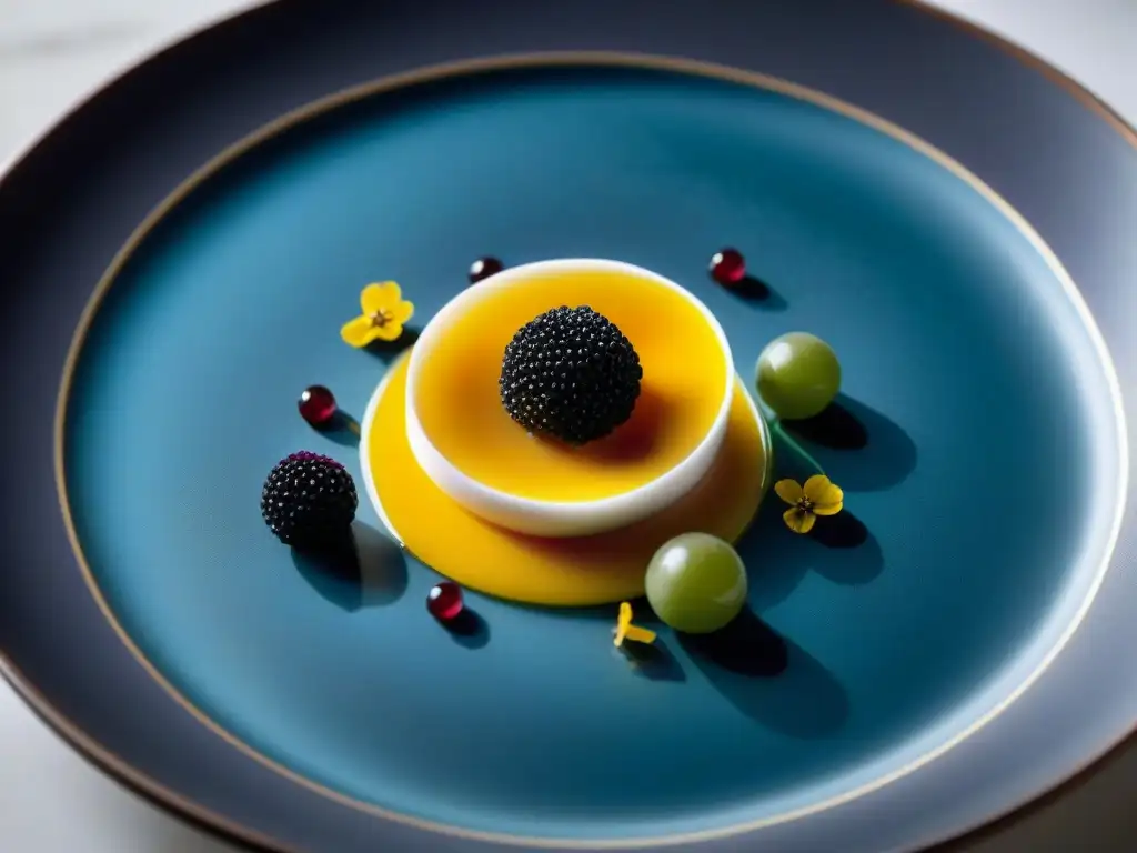 Plato de cocina molecular italiana con balsámico caviar, aceite de albahaca y flores comestibles congeladas en nitrógeno líquido