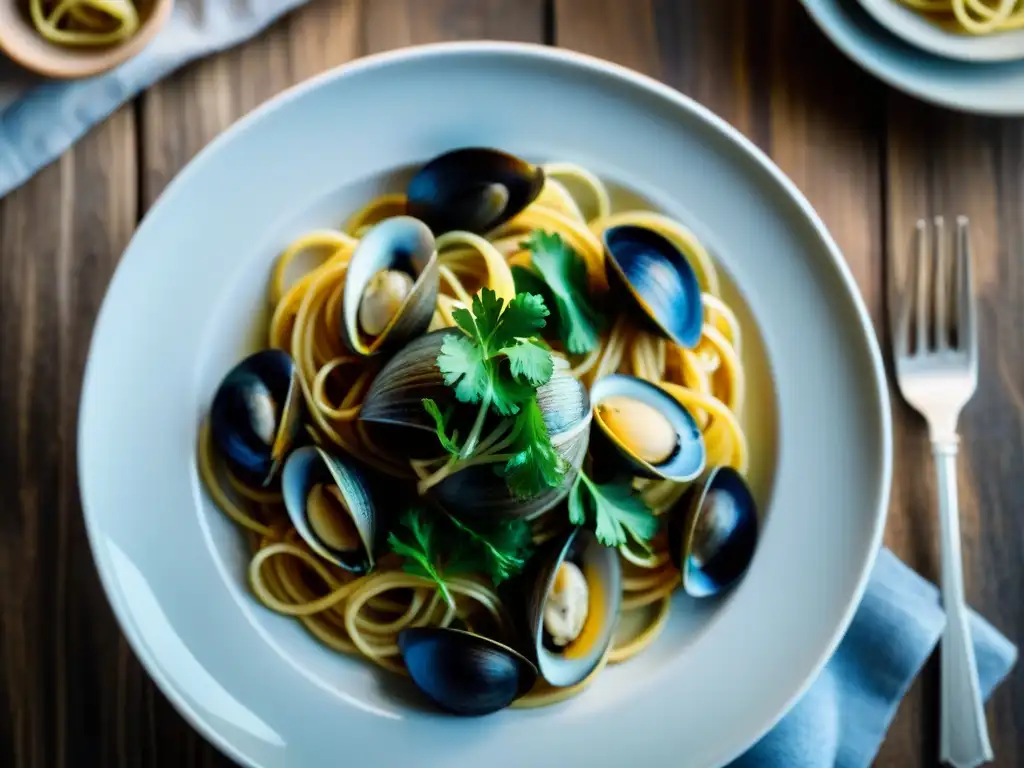 Plato de espaguetis alle vongole con almejas, perejil y hojuelas de pimienta roja en plato cerámico italiano, estética comida italiana en cine