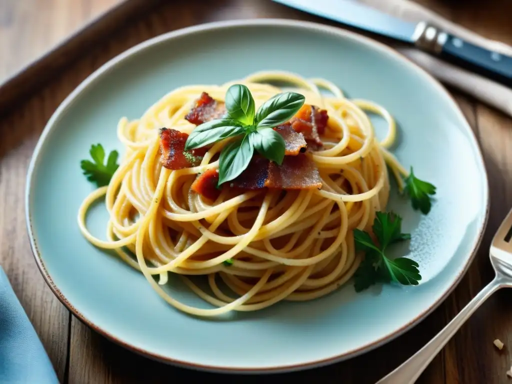 Plato de espaguetis a la carbonara con cocina italiana con realidad virtual