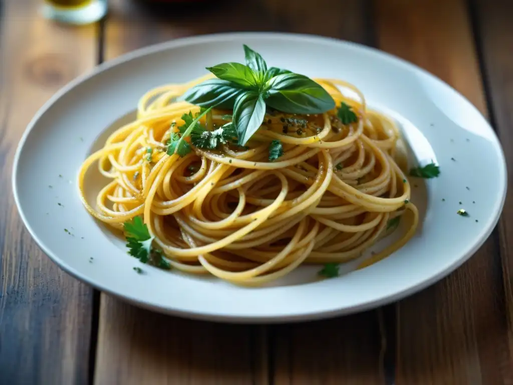 Un plato de espaguetis aglio e olio recién cocinados, con aceite dorado y ajo picado, adornado con perejil fresco