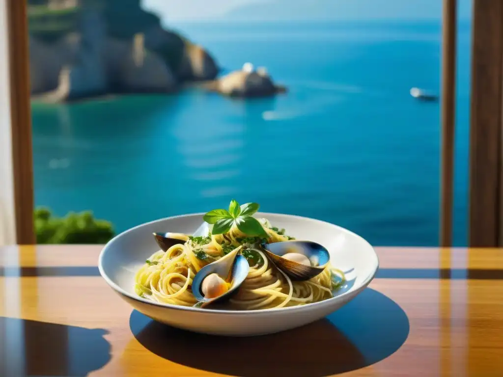 Plato de espaguetis alle vongole en mesa de madera con vista al mar Mediterráneo