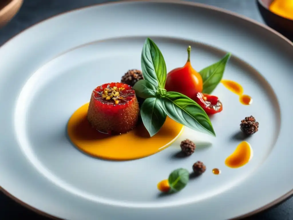 Un plato de fusión culinaria italiana con tendencias globales, colores vibrantes y detalles elegantes