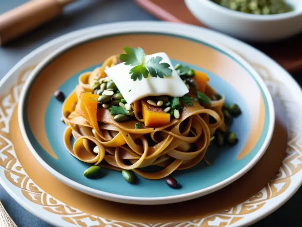 Plato fusionado: Fettuccine en mole, queso fresco y semillas en plato de cerámica sobre azulejos talavera mexicanos