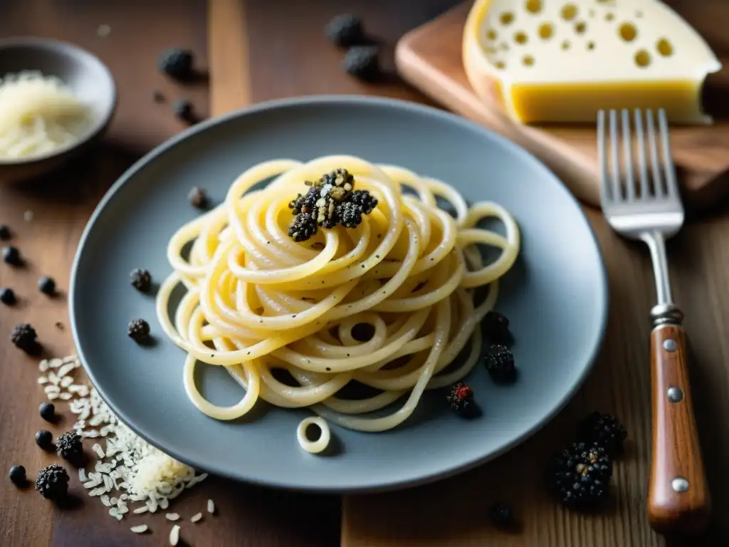 Un plato de Cacio e Pepe humeante con queso pecorino derretido y pimienta negra recién molida