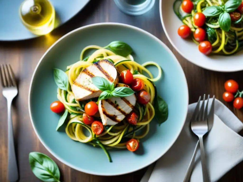 Plato italiano bajo en carbohidratos con zoodles, tomates cherry, albahaca y pollo, en un entorno rústico