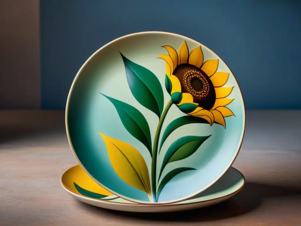 Un plato italiano de diseñador con motivos tradicionales de la Toscana: girasoles, ramas de olivo y patrones geométricos, en colores ricos y terrosos