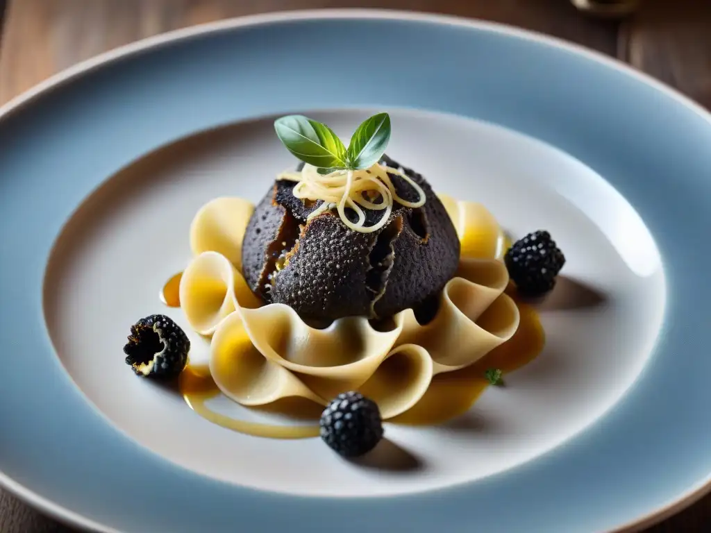 Plato italiano con trufas Umbria: pasta artesanal, aceite de trufa, trufas negras y Parmigiano-Reggiano