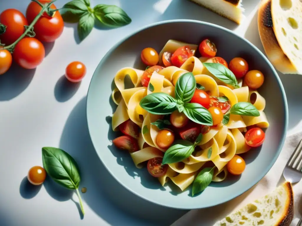 Un plato italiano vibrante y detallado: pasta al pomodoro, insalata caprese y bruschetta con albahaca fresca y aceite de oliva