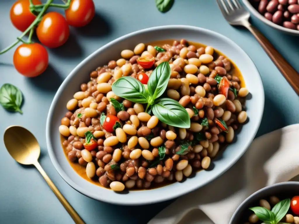 Un plato italiano vibrante con Frijoles Cannellini superfood italiano, adornado con hierbas frescas y tomates cherry