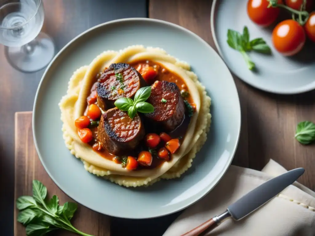 Plato de osso buco milanesa con risotto y vino tinto