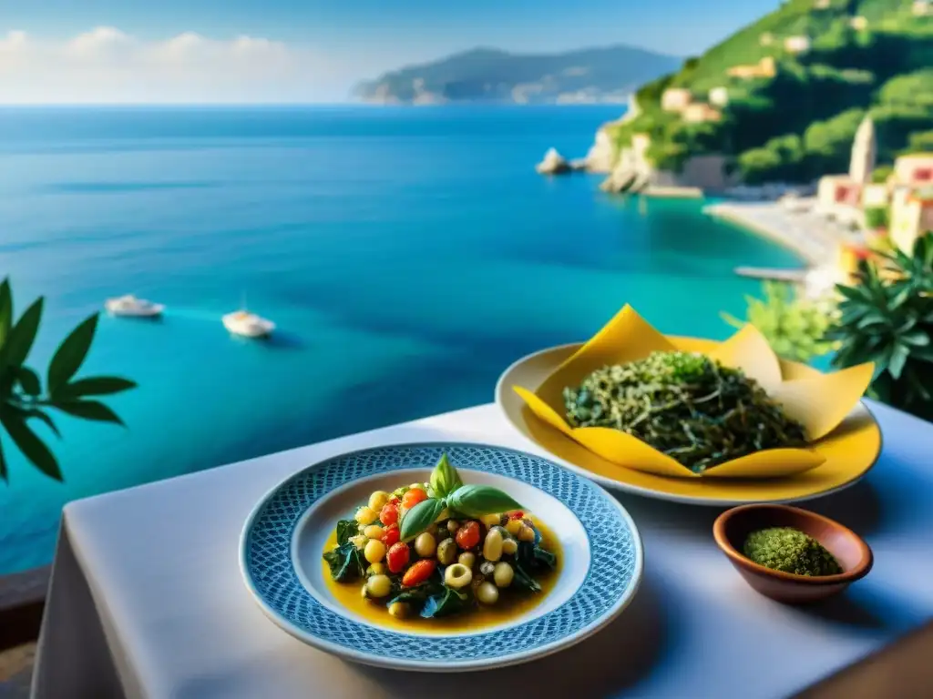 Plato moderno de cocina italiana Liguria con trofie al pesto junto al mar Mediterráneo