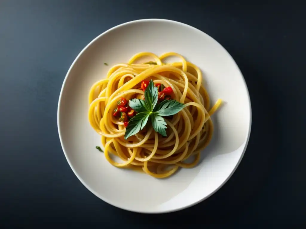 Plato de pasta aglio e olio italiano minimalista técnica