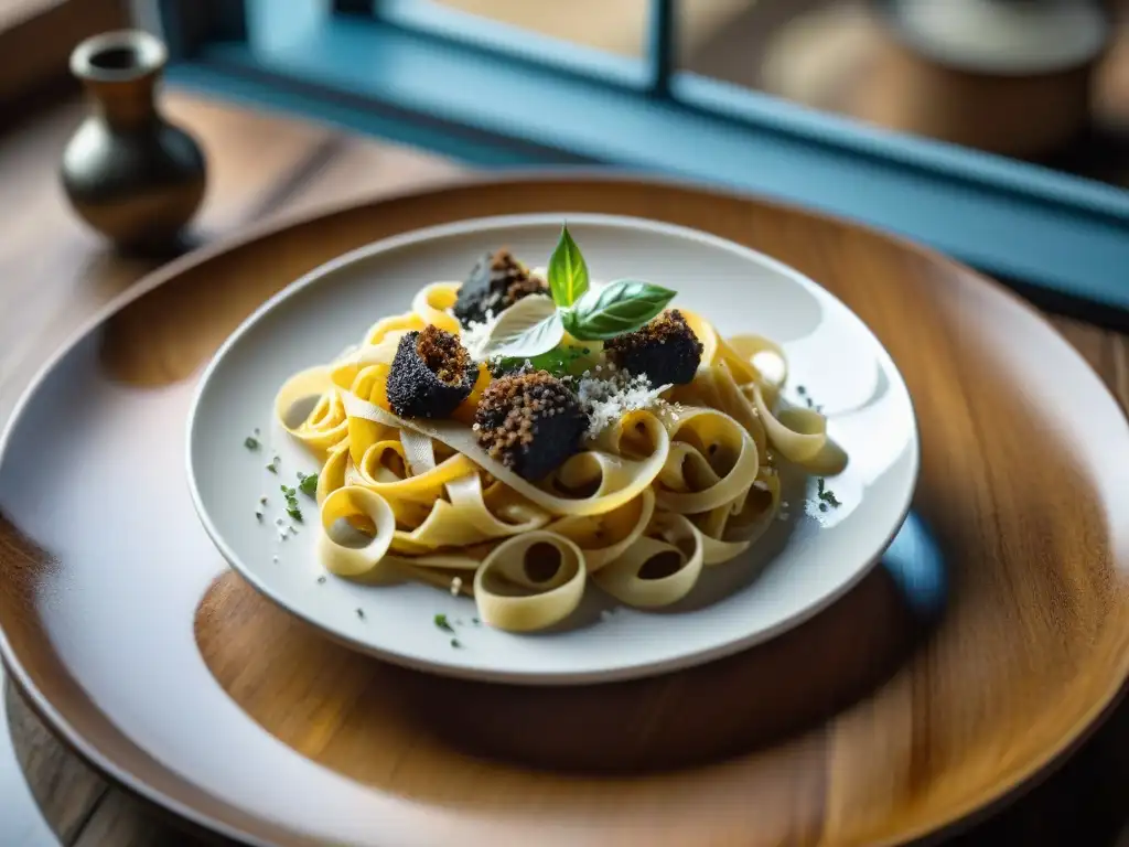 Plato de pasta artesanal con trufas y parmesano en plato italiano, luz natural