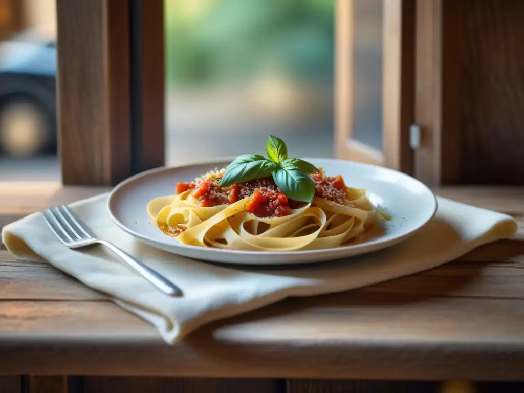 Plato de pasta casera al dente con salsa de tomate, albahaca y queso ParmigianoReggiano en trattoria italiana