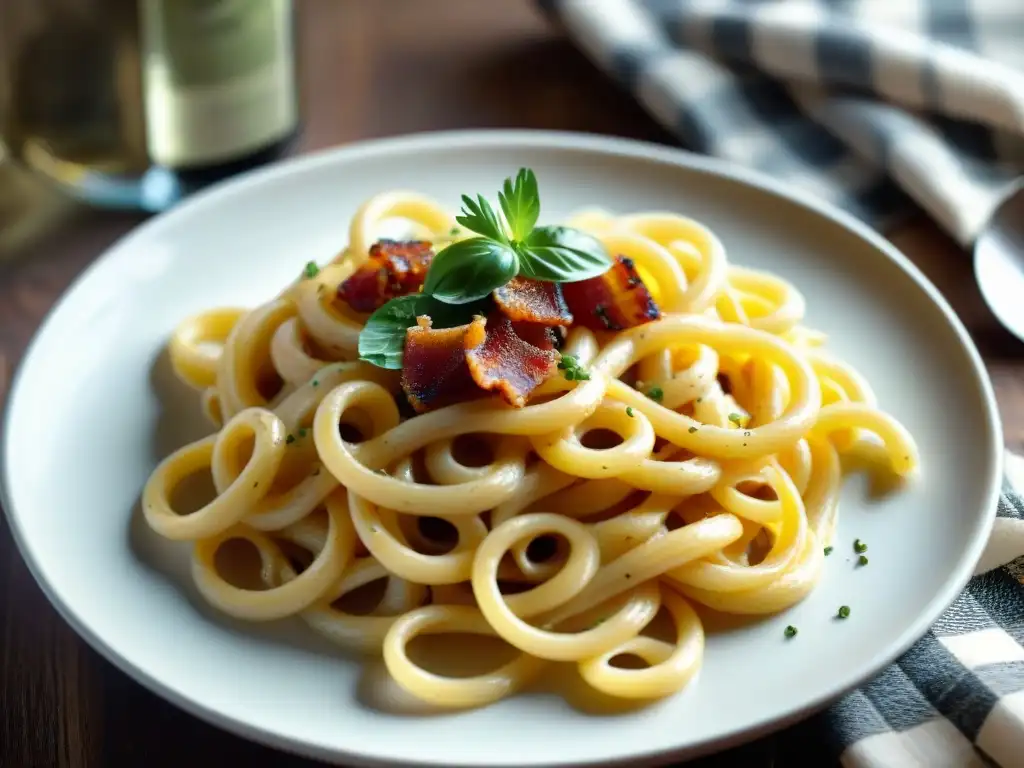 Plato de pasta carbonara humeante con bacon crujiente y detalles de la estética comida italiana en cine