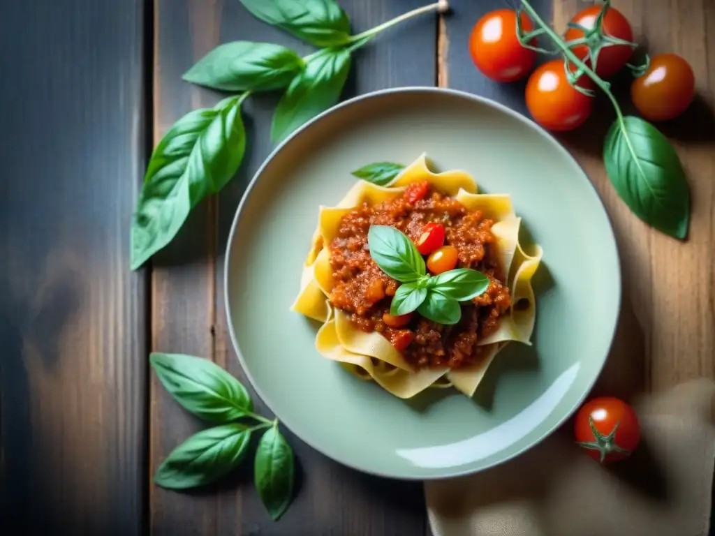 Plato de pasta italiana casera con salsa ragú, queso parmesano, tomates y albahaca en mesa de madera