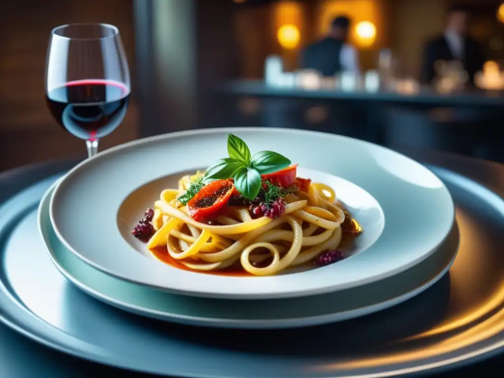 Plato de pasta italiana contemporánea con vino tinto en restaurante italiano, ambiente de jazz