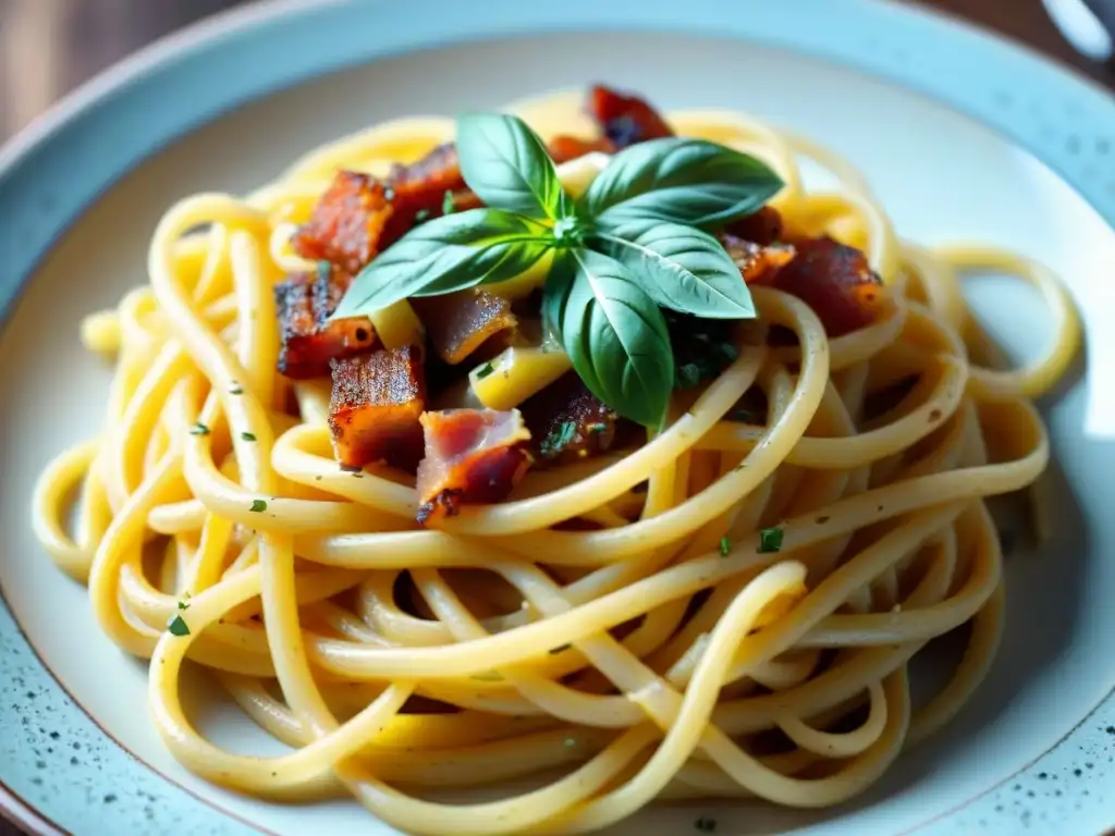 Plato de pasta carbonara italiana con panceta crujiente, pimienta negra y salsa de Parmesano, en plato rústico