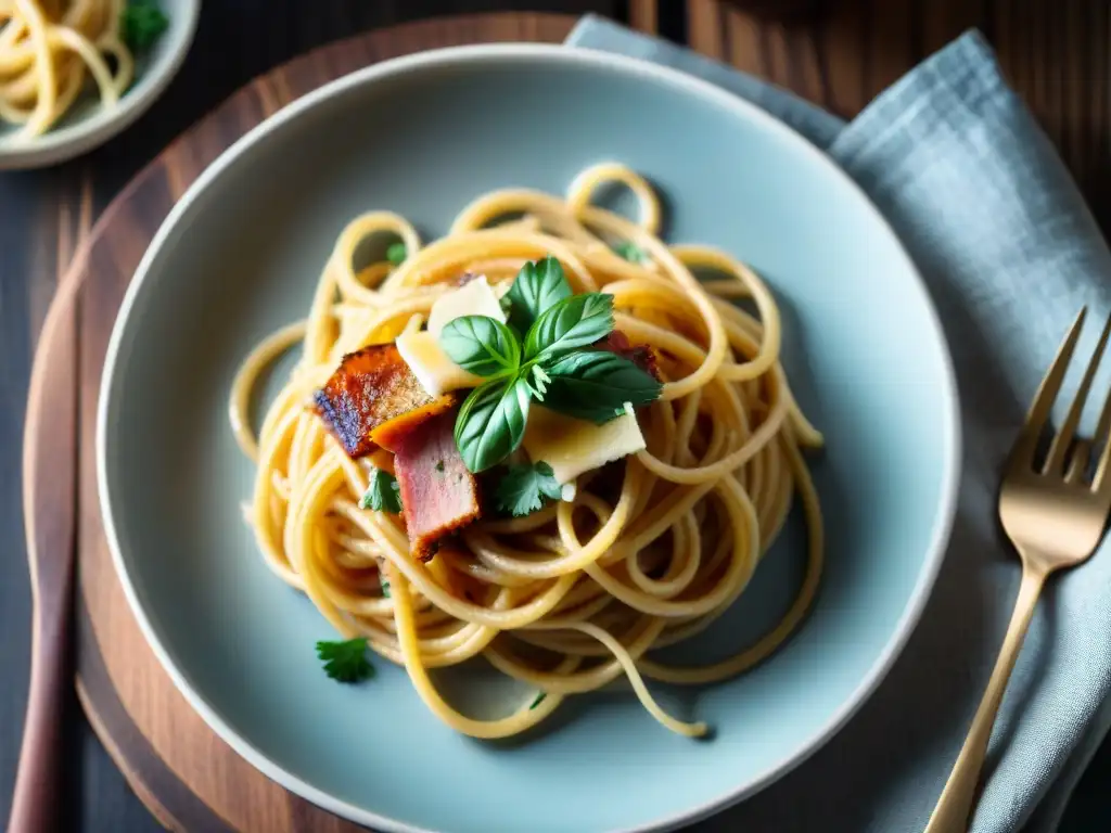 Plato de pasta carbonara ligera con yogur griego, pavo y parmesano en mesa rústica