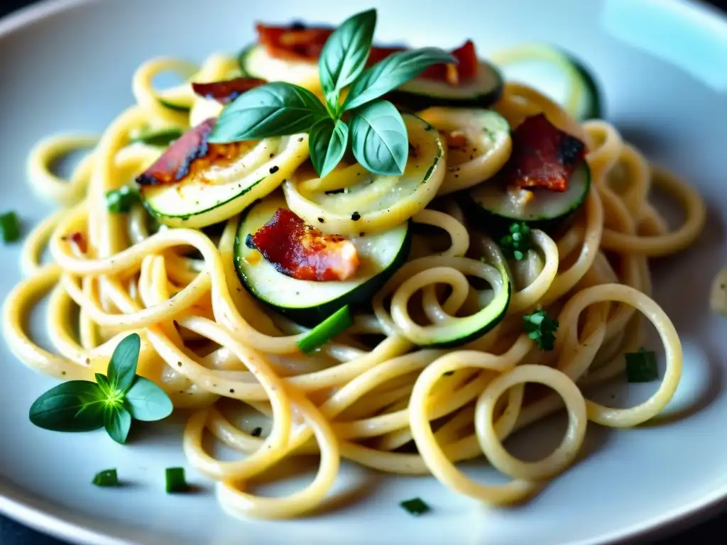 Plato de pasta carbonara ligera con zoodles de calabacín, bacon de pavo y salsa cremosa, decorado con perejil fresco y pimienta negra