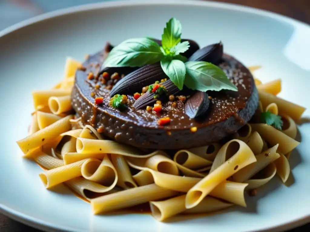 Un plato de pasta con mole receta italiana, bañado en una rica salsa oscura con detalles de chocolate y chiles