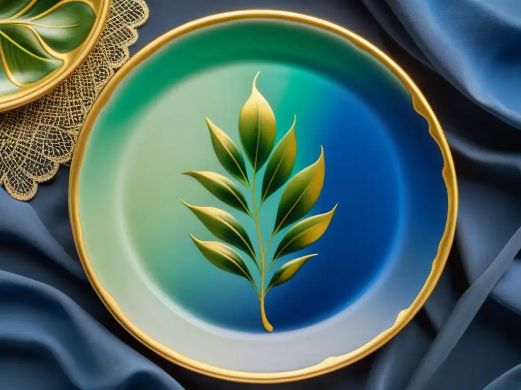 Un plato de porcelana italiano de lujo personalizado, con detalles en oro sobre un fondo de azul y verde