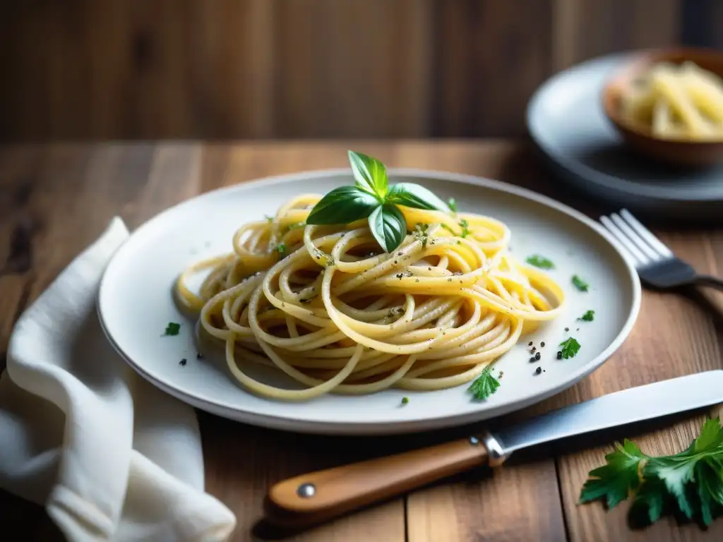 Un plato de Cacio e Pepe recién preparado, con pasta en salsa de pecorino y pimienta negra