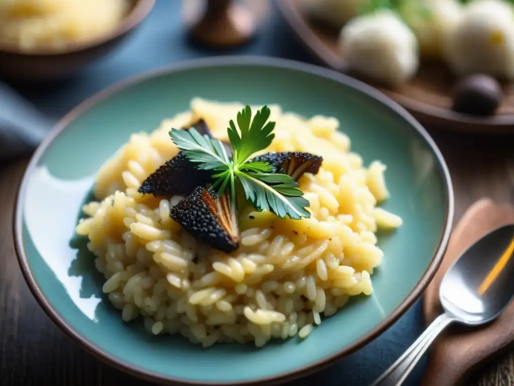 Plato de risotto cremoso con trufas en mercado de Milán