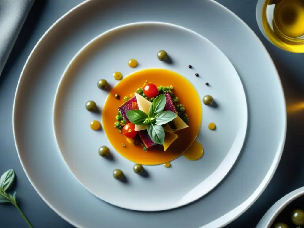 Un plato sorprendente de cocina italiana moderna, con colores vibrantes y diseño intrincado en una presentación artística