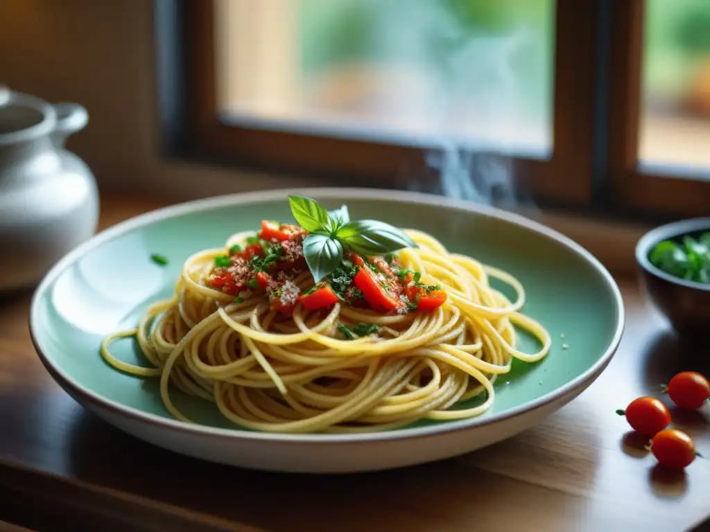 Un plato de spaghetti aglio e olio recién cocinado en una cocina italiana con un ambiente auténtico y acogedor