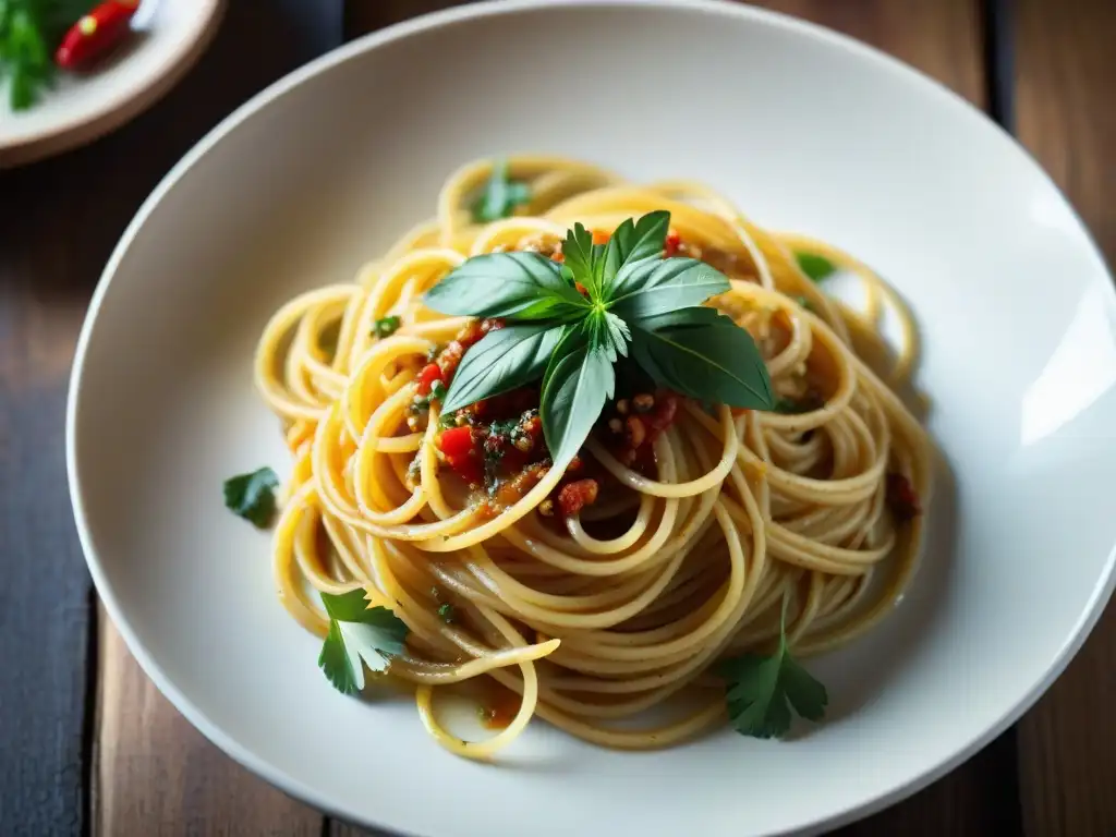 Un plato de spaghetti aglio e olio, receta original spaghetti aglio olio, con aceite de oliva, ajo, perejil y chiles rojos