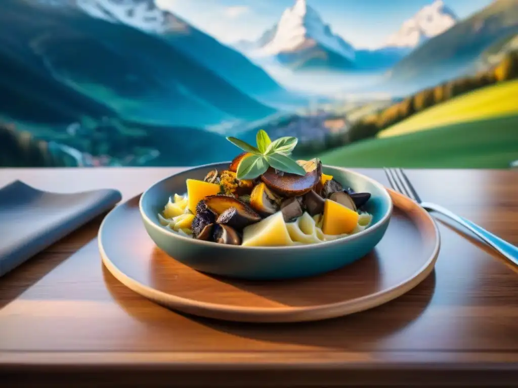 Plato tradicional de la cocina italiana alpina en un lujoso restaurante de estación de esquí