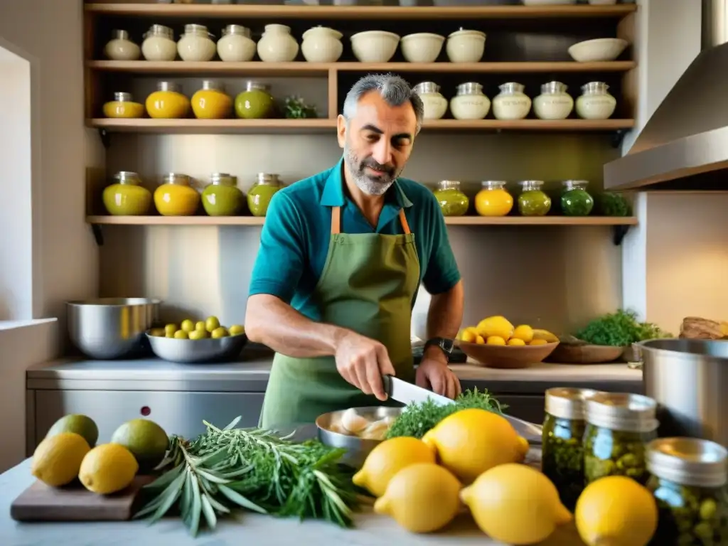 Peppe Guida prepara un plato tradicional de la Costa Amalfitana en una cocina bulliciosa, llena de ingredientes coloridos y hierbas aromáticas