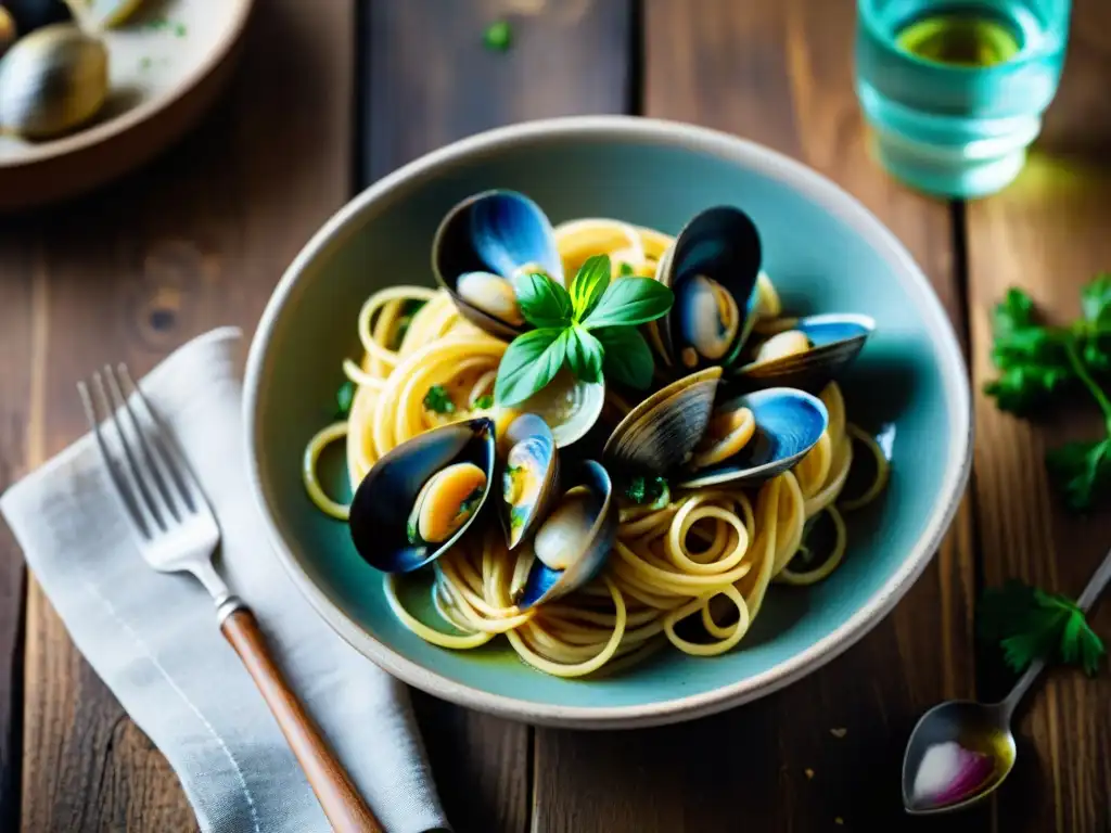 Plato tradicional italiano de espagueti alle vongole con ingredientes frescos servido en un cuenco de cerámica, en una mesa de madera