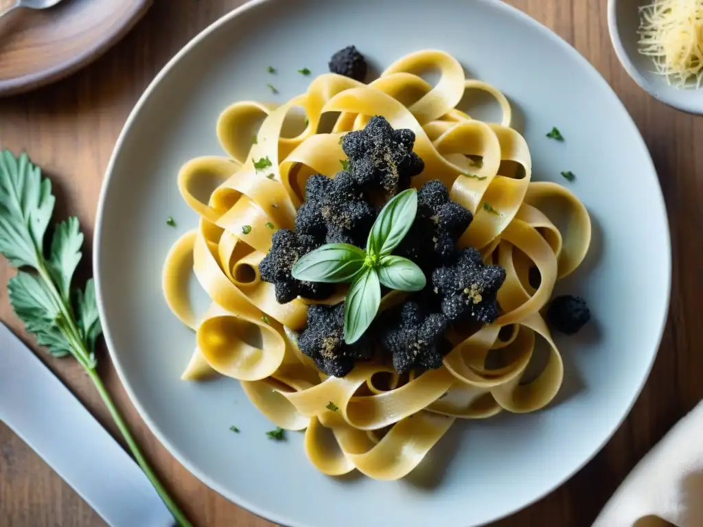 Plato de tagliatelle con trufas negras, aceite de oliva, perejil y queso parmesano en mesa rústica, evocando la cocina italiana