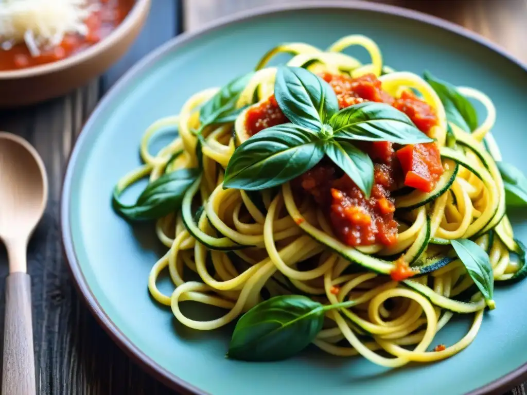 Plato de zoodles con salsa marinara, albahaca fresca y queso parmesano en mesa de madera