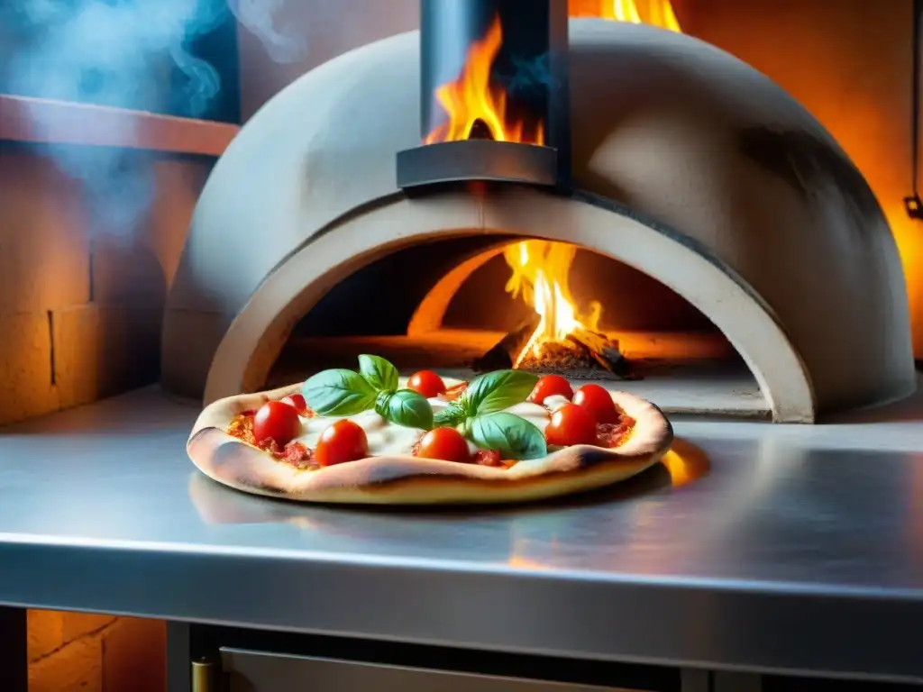 Platos icónicos de la cocina italiana: Horno de leña con pizzas artesanales y fuego crepitante en cocina rústica