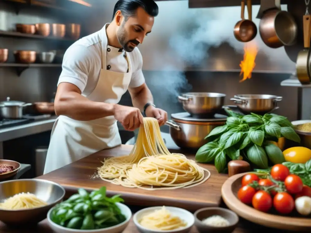 Platos icónicos de la cocina italiana en una bulliciosa cocina tradicional con chefs y aromas frescos