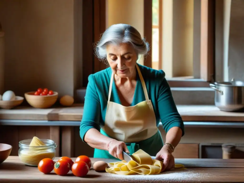 Platos icónicos cocina italiana: Nonna experta haciendo pasta fresca a mano en cocina rústica toscana