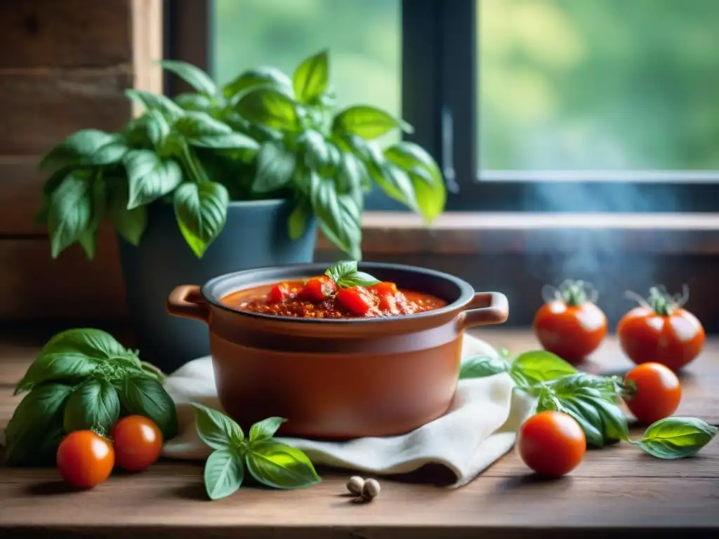 Platos icónicos cocina italiana: Olla de terracota con salsa de tomate, albahaca fresca y tomates rojos en mesa de madera rústica