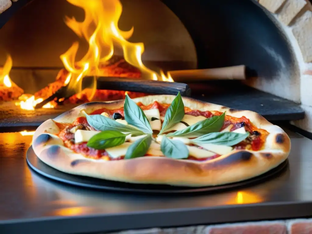 Platos inspirados en pizza tradicional siendo preparados con maestría en horno de leña